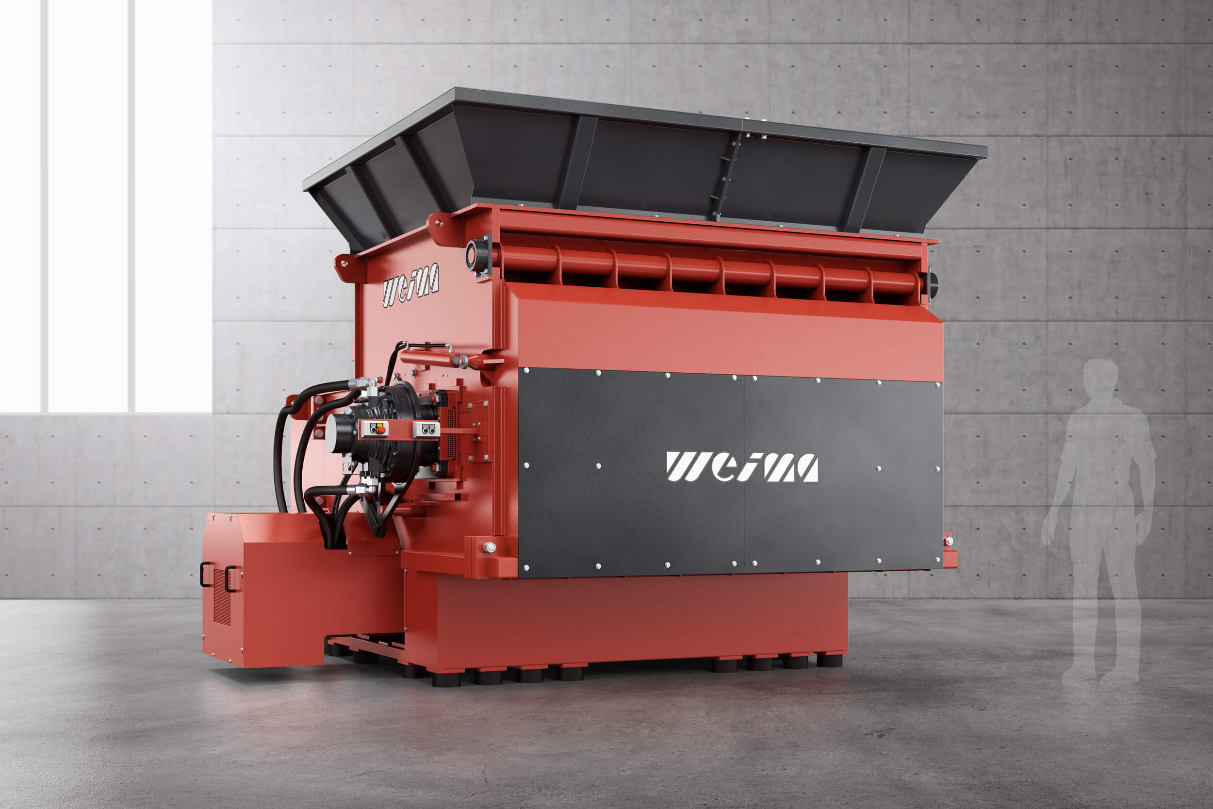 WEIMA shredder für Kunststoffe vor grauer wand