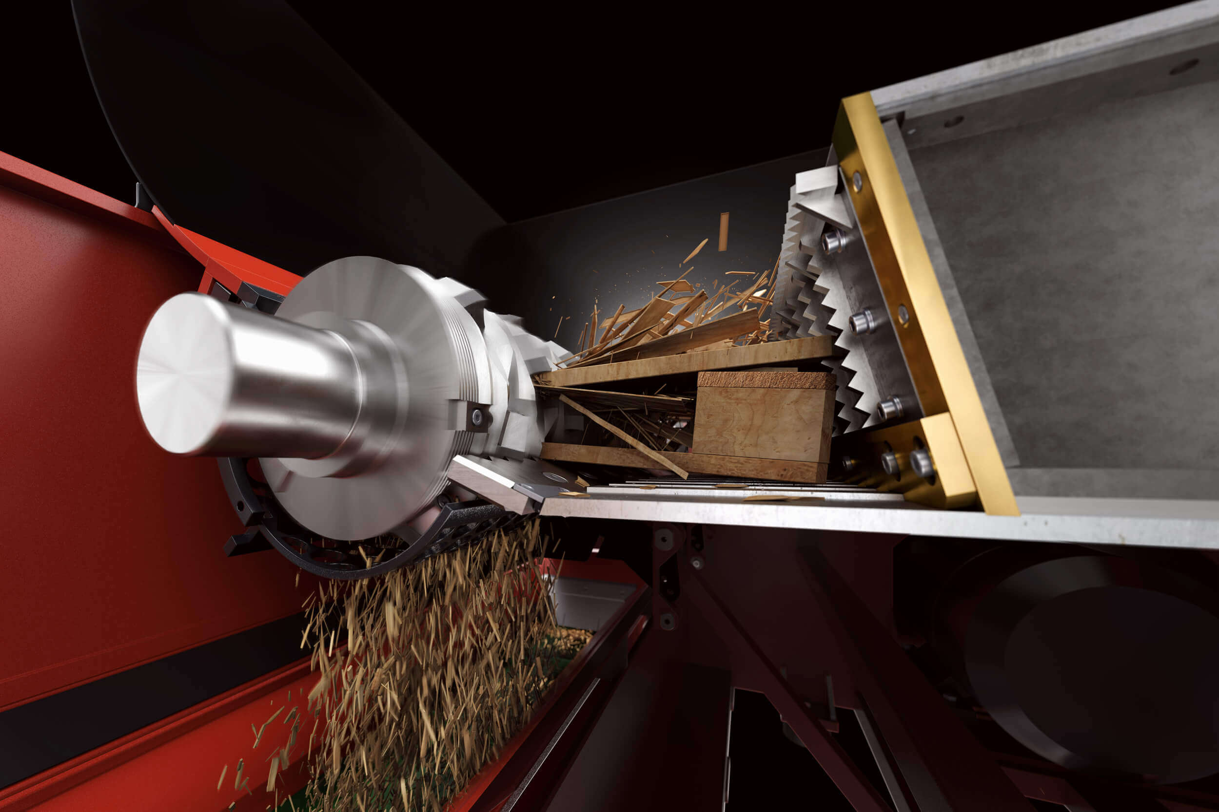 Rendered image of the shredding process with ram, rotor, screen and shredded wood