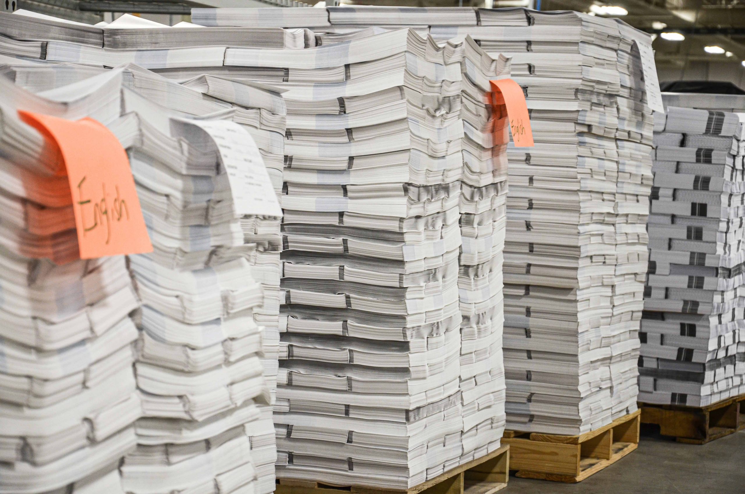 Production waste from print shops stacked on pallets