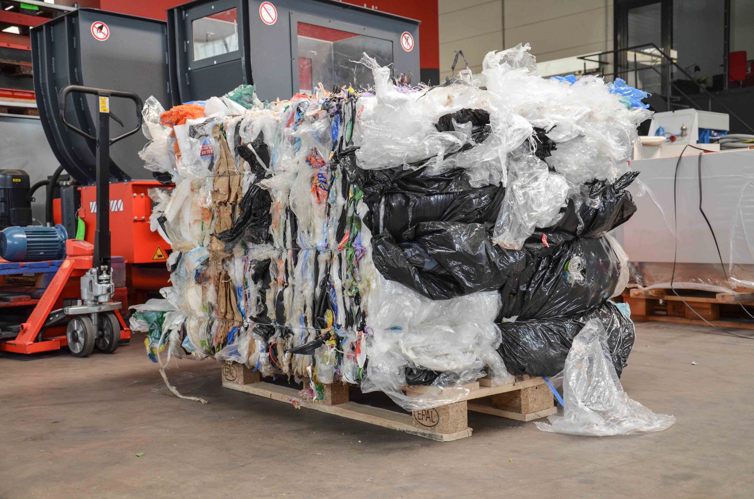 Plastic film bales before shredding