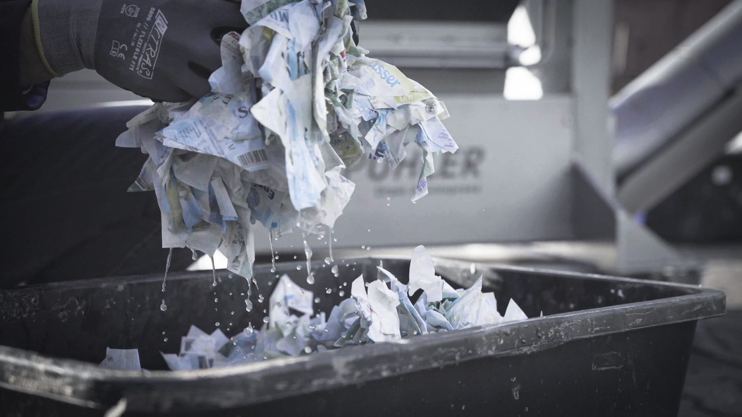 Wet paper labels before the compaction process