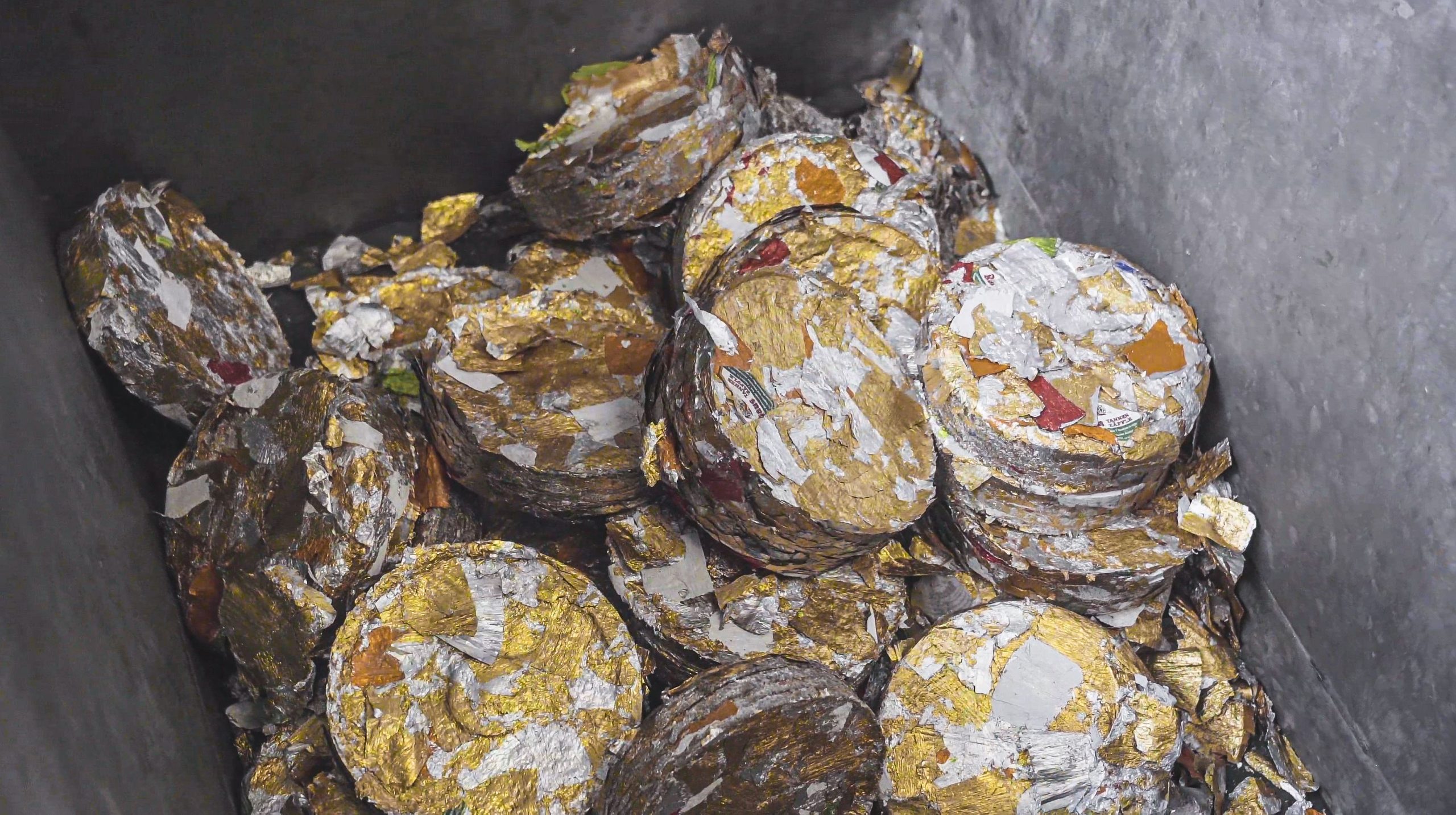 Compressed aluminum labels at Rothaus brewery, Germany