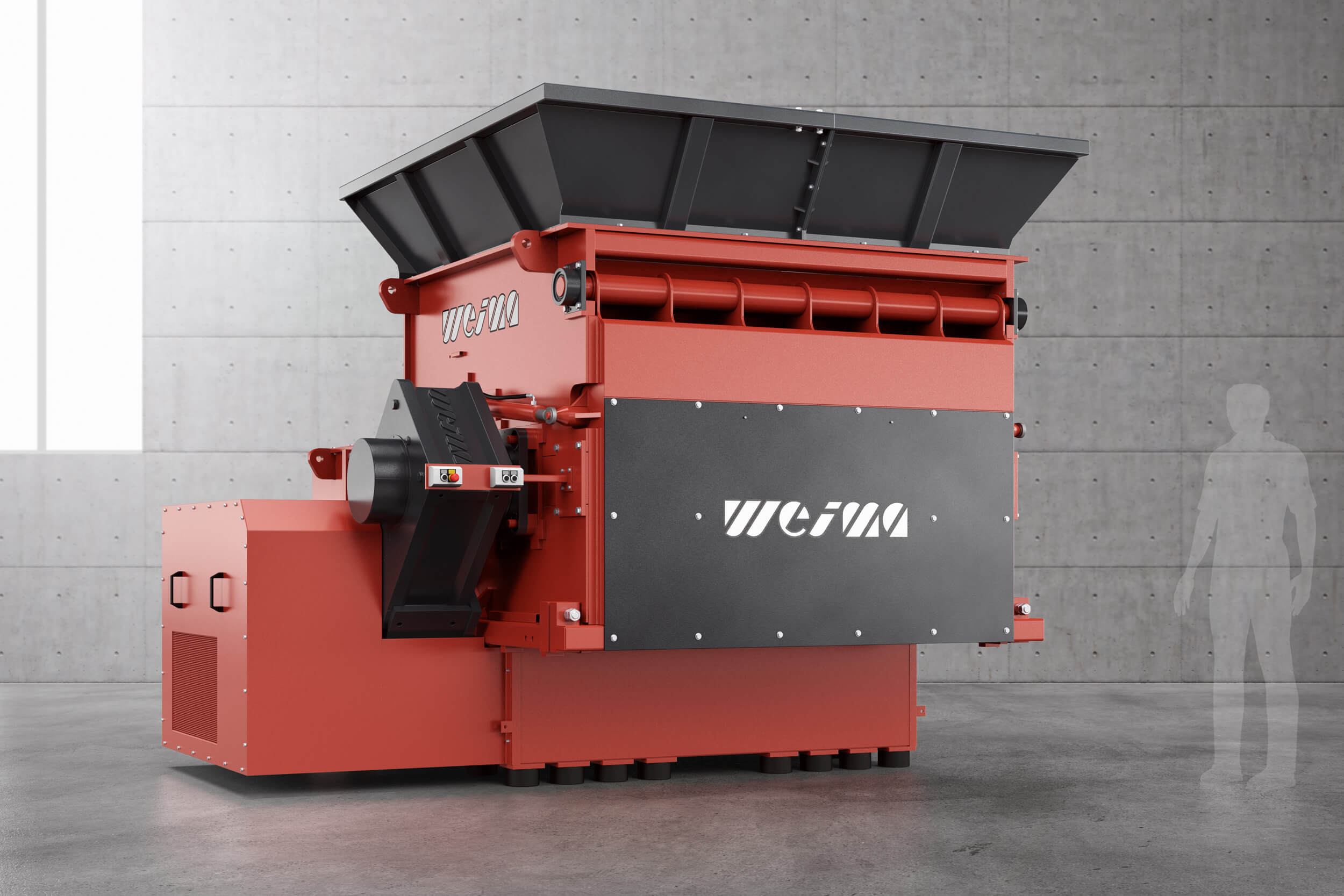 Einwellen-Shredder der WEIMA S5 Serie auf grauem Betonhintergrund