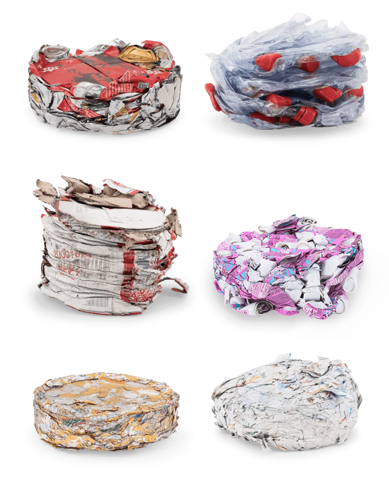 Overview with six discs from beer cans, PET bottles, paper, caprisun containers, labels and tags