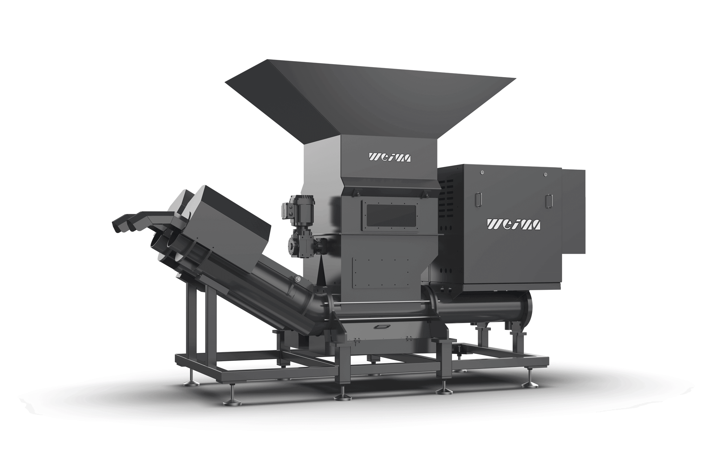 The WEIMA C.200 Duo press gives machining more flexibility and automation. This has two ejection tubes and a larger hopper attachment.