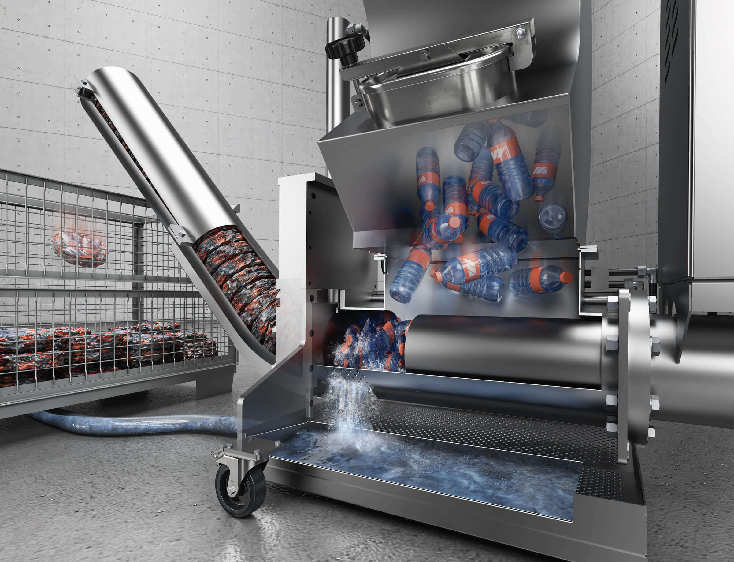 View inside PUEHLER drainage press during pressing of PET bottles