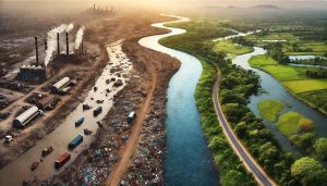 rive rin the middle, left of it a dystopian landscape with waste and polluted areas, right side beautiful nature with green wetlands and fields