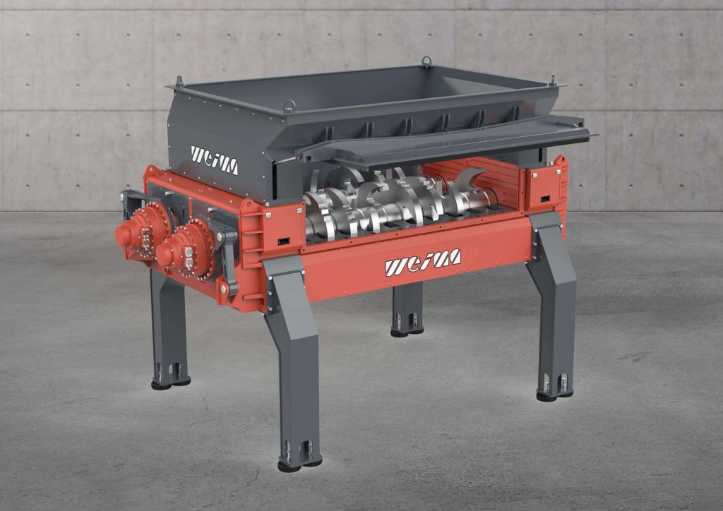 Side view of the WEIMA M8.28 twin-shaft shredder with open maintenance flap